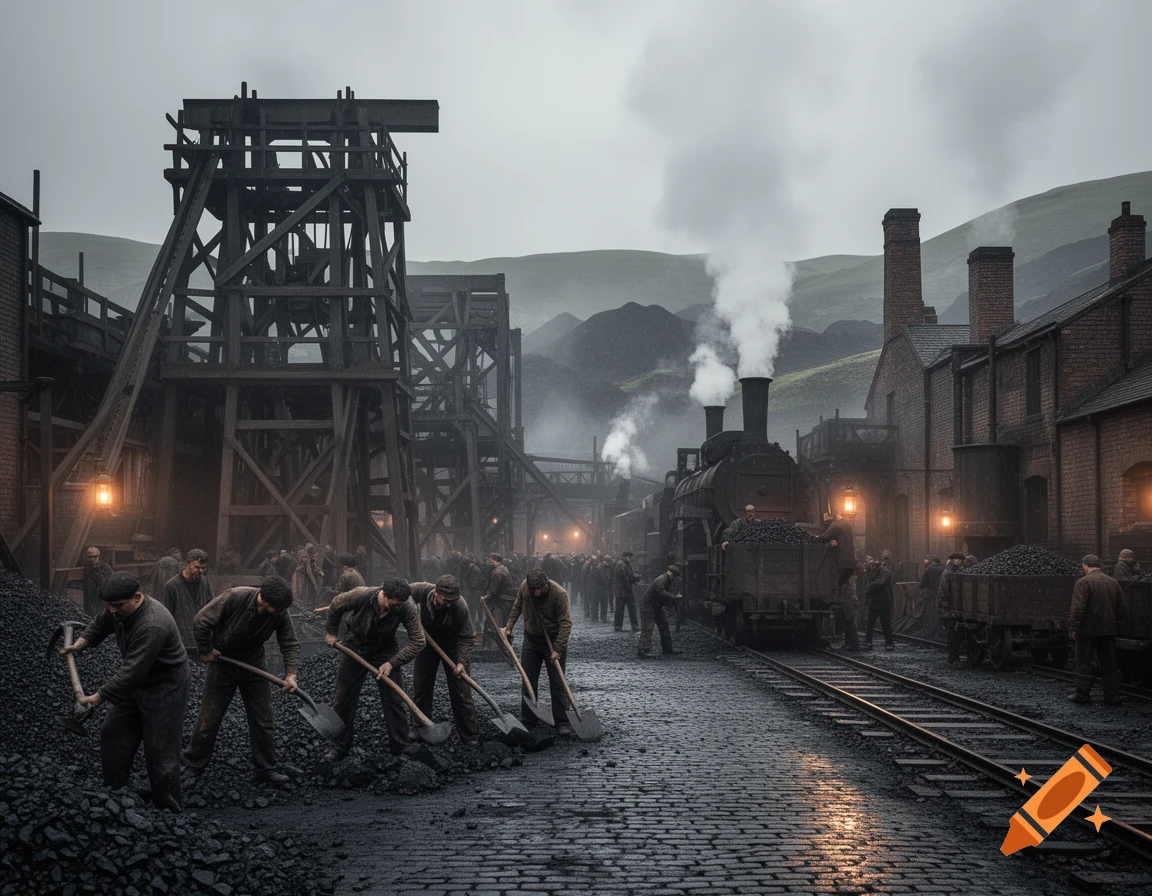 Photorealistic image of coal miners shoveling coal near a steam train and large mining structures on a cloudy industrial day.