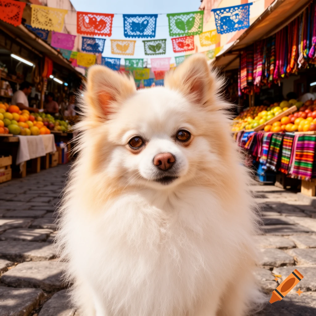 A fluffy cream-colored Spitz dog sits in a vibrant Mexican market with colorful papel picado banners overhead and fruit stalls.