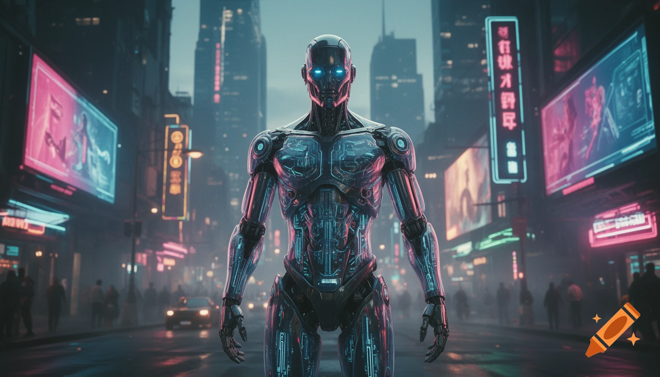 A metallic robot with glowing blue eyes stands in a rainy, neon-lit cyberpunk city street, with blurred buildings and figures.