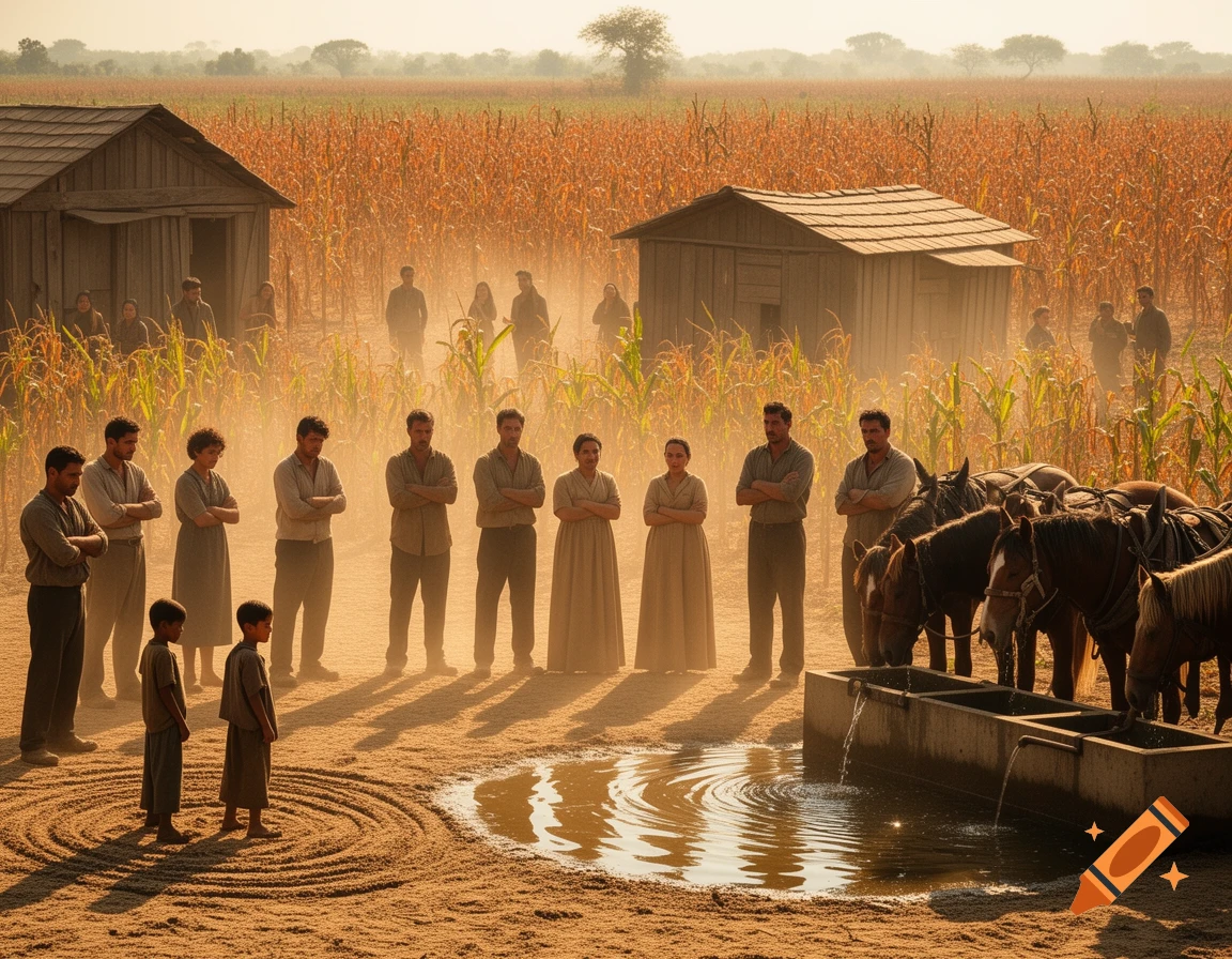 Photorealistic depiction of people and horses at a watering trough in a dusty, parched cornfield with houses under a hazy sky.