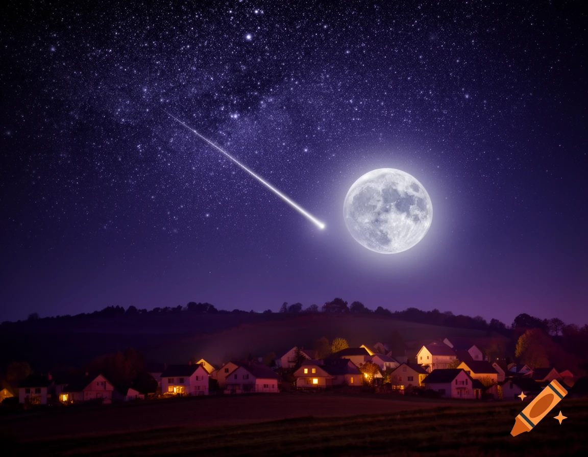 A vibrant night sky with a full moon, shooting star, and countless stars illuminating a village with lights on a hill.