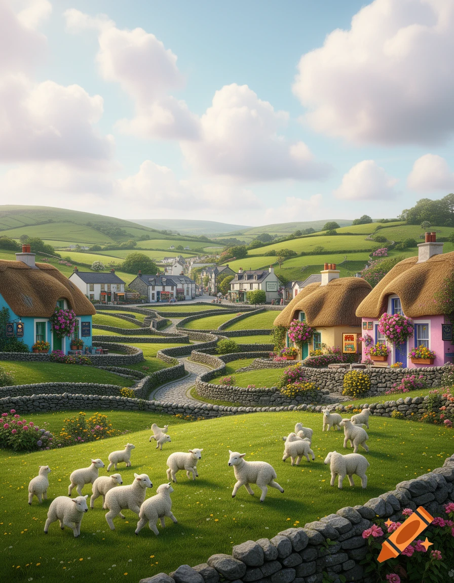 A charming, idyllic landscape with green rolling hills, a winding stone path, colorful thatched-roof cottages, and numerous white sheep grazing.