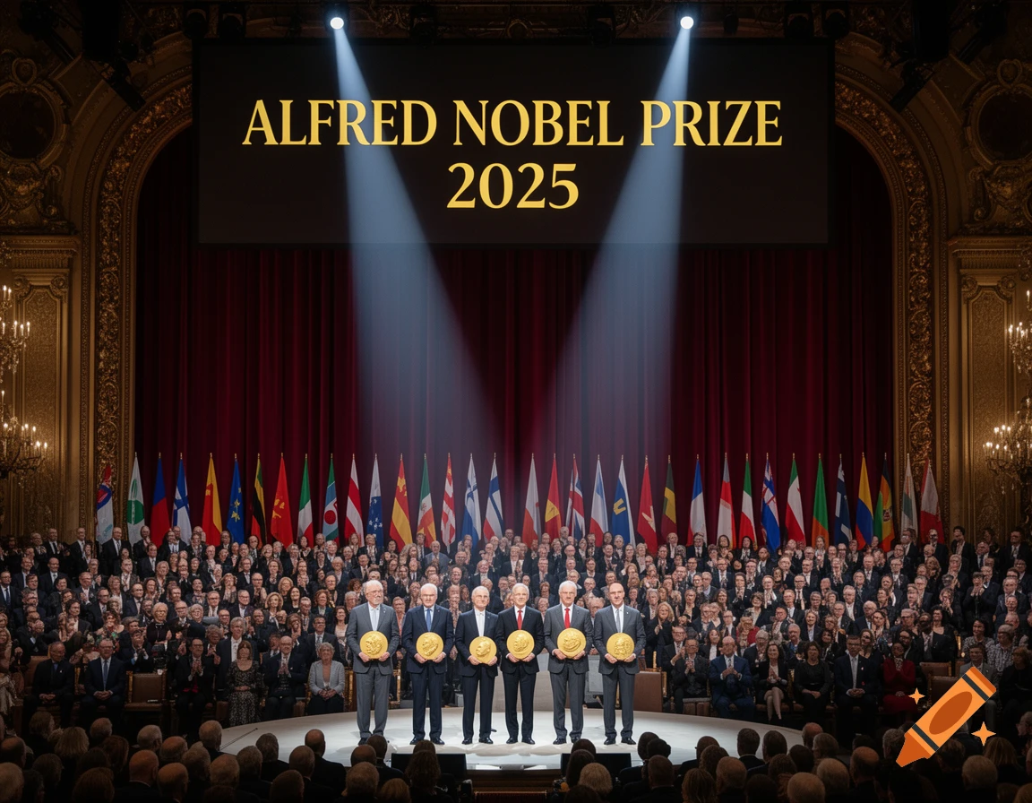 A formal award ceremony with six men on stage holding golden medallions under a screen displaying 'ALFRED NOBEL PRIZE 2025', surrounded by a large audience and national flags.