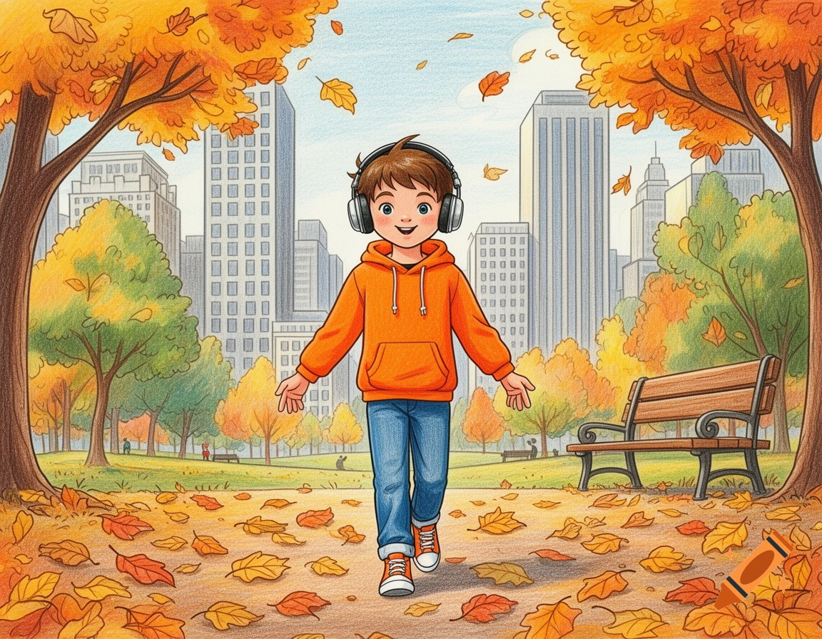 A cheerful boy in an orange hoodie and headphones walks through a colorful autumn city park with fallen leaves and city buildings in a children's illustration.