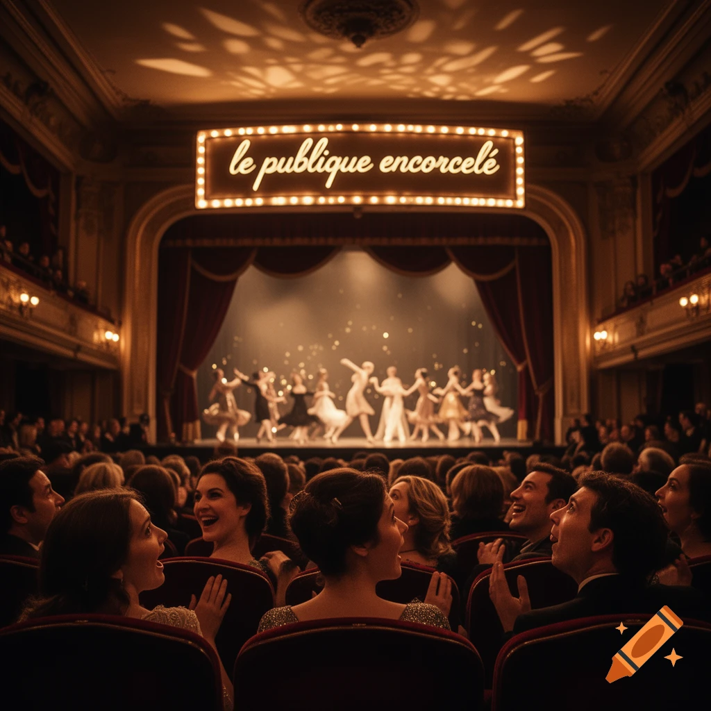 An audience watches a stage performance with dancers under a lighted sign 'le publique encorcel assembled in a warm, grand theater.