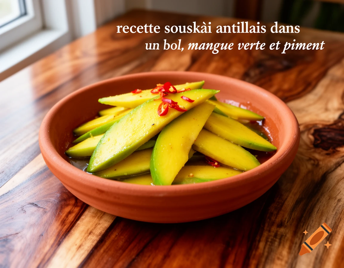 Green mango slices with red chili in a terracotta bowl on a wooden table.