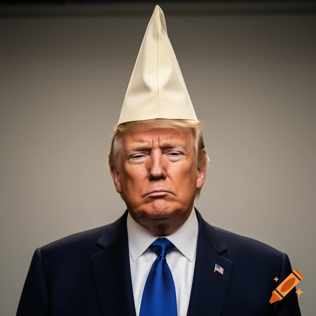 Photorealistic portrait of Donald Trump wearing a dunce cap, looking directly at the viewer.