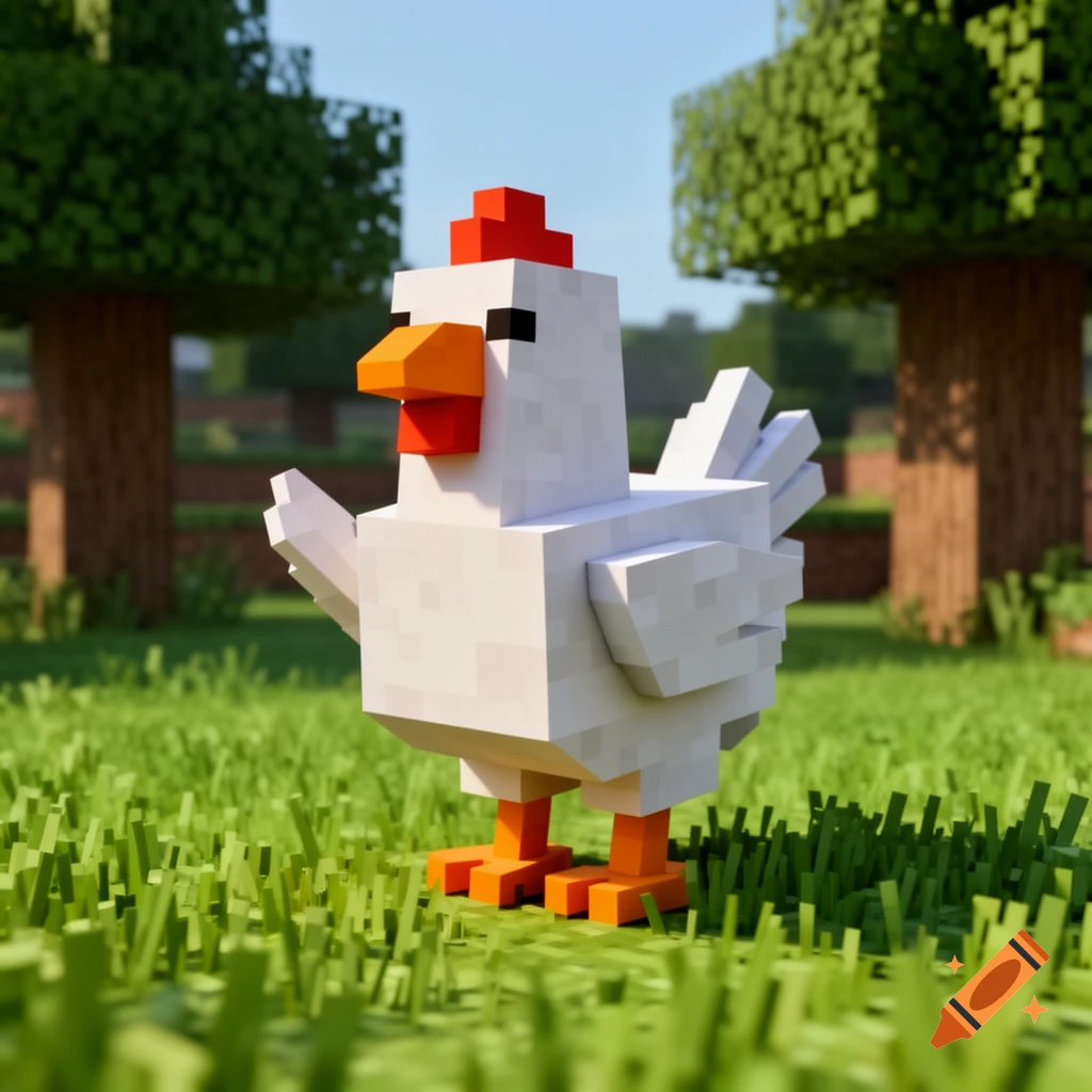 A blocky white Minecraft chicken stands in a grassy field with trees under a blue sky.