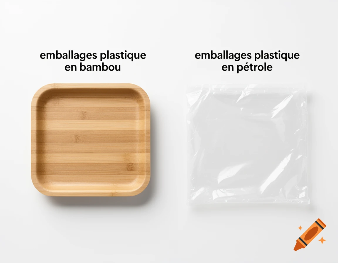 A bamboo tray and a clear plastic bag on a white background, with French text comparing bamboo plastic and petroleum plastic packaging.