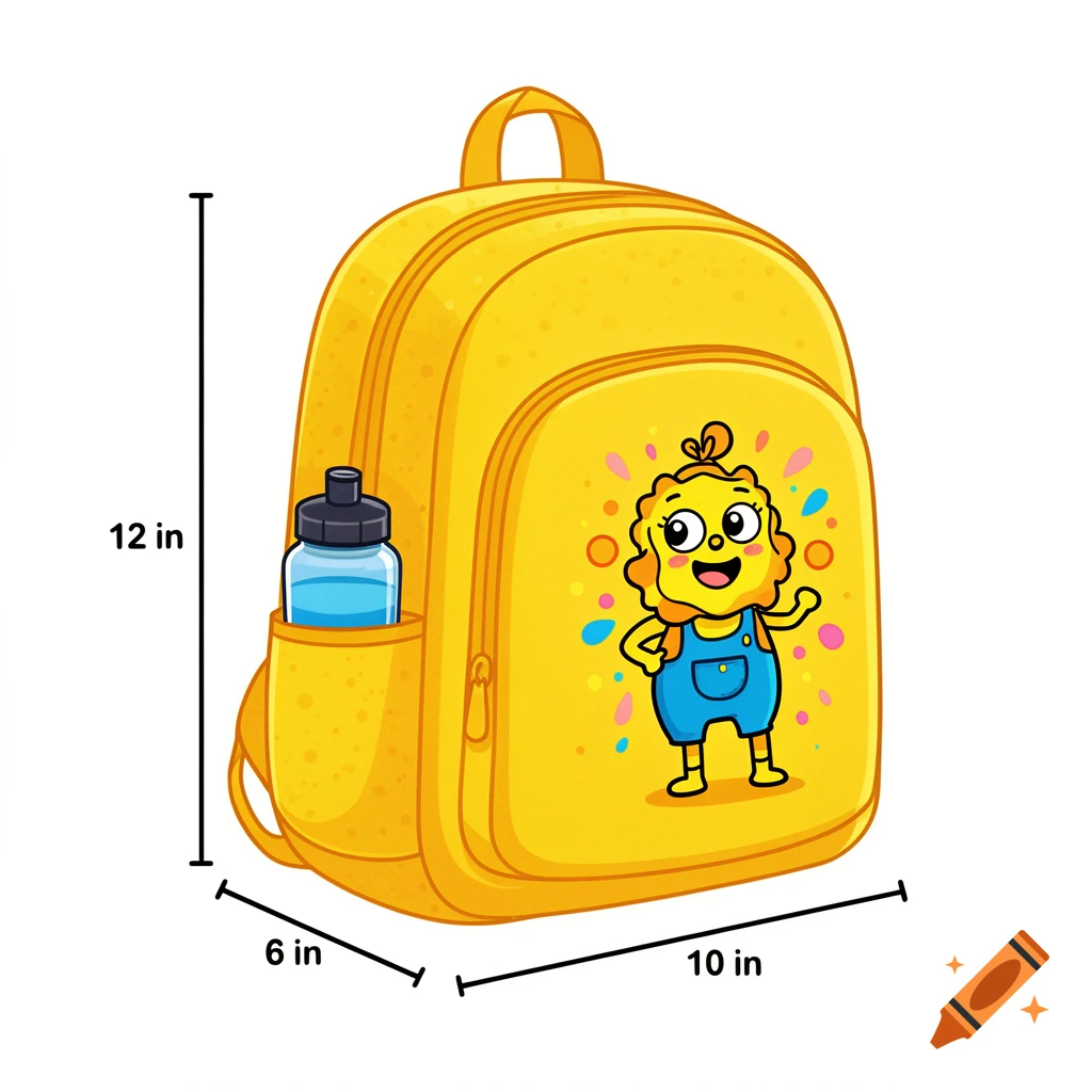 A bright yellow cartoon backpack with a water bottle and a happy character, showing dimensions 12 in height, 6 in depth, 10 in width.