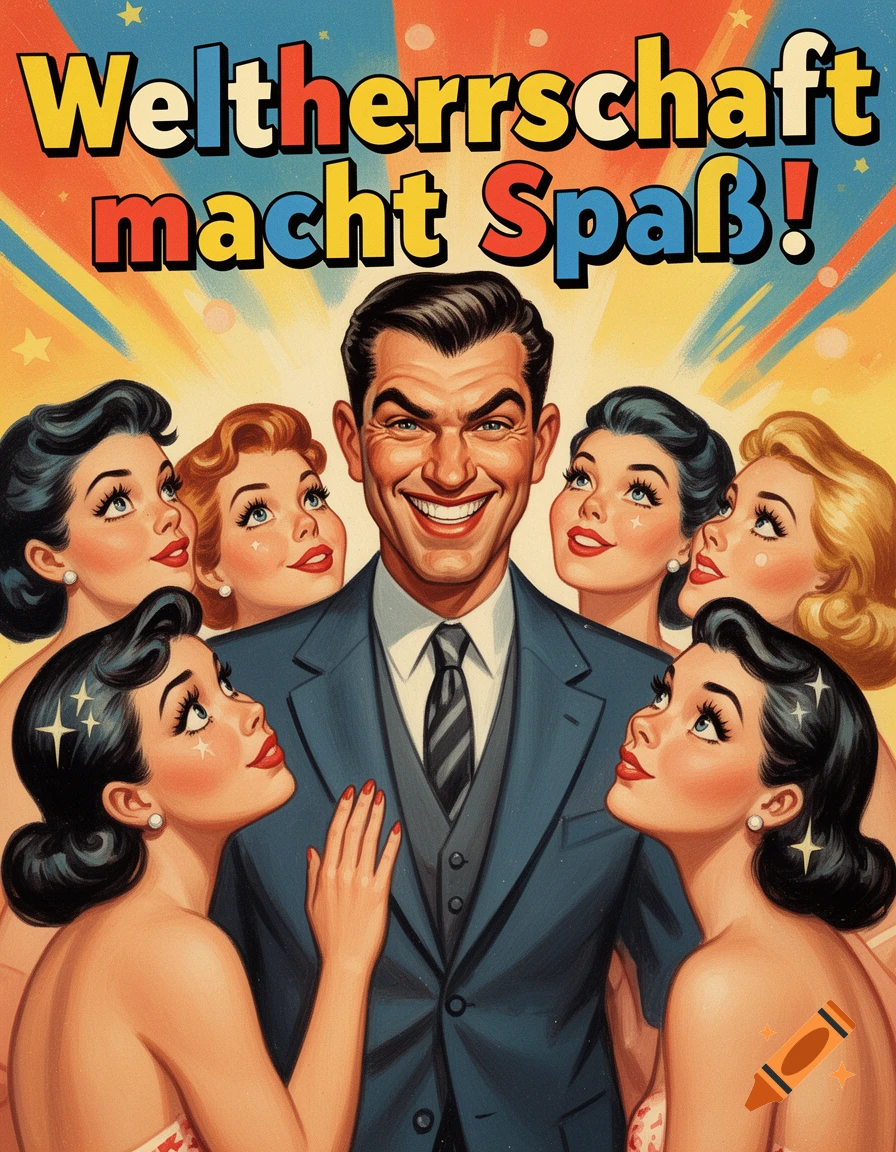 Grinning man in suit surrounded by adoring bare-shouldered women in 1950s retro poster style. Text: Weltherrschaft macht Spaß!