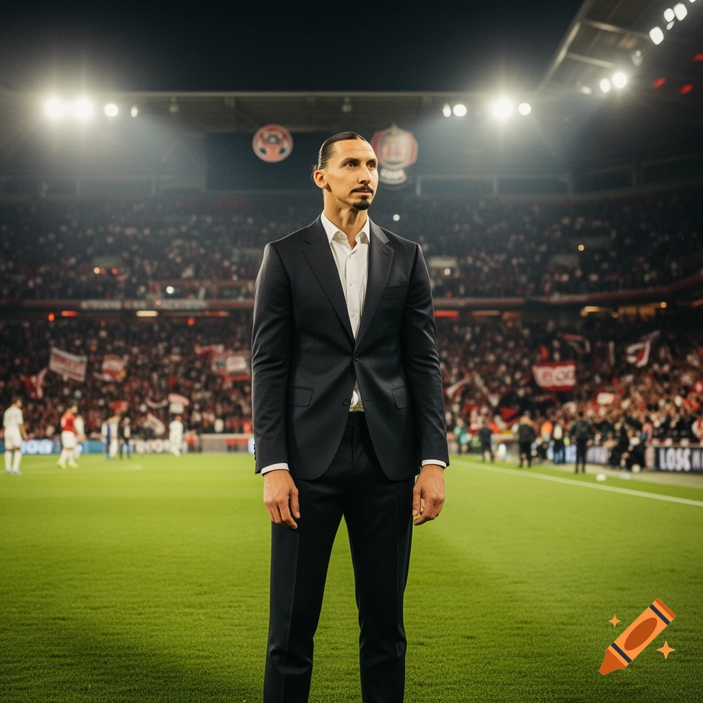 A photorealistic image of Zlatan Ibrahimovic in a dark suit, standing on a football field at night with a crowded stadium.