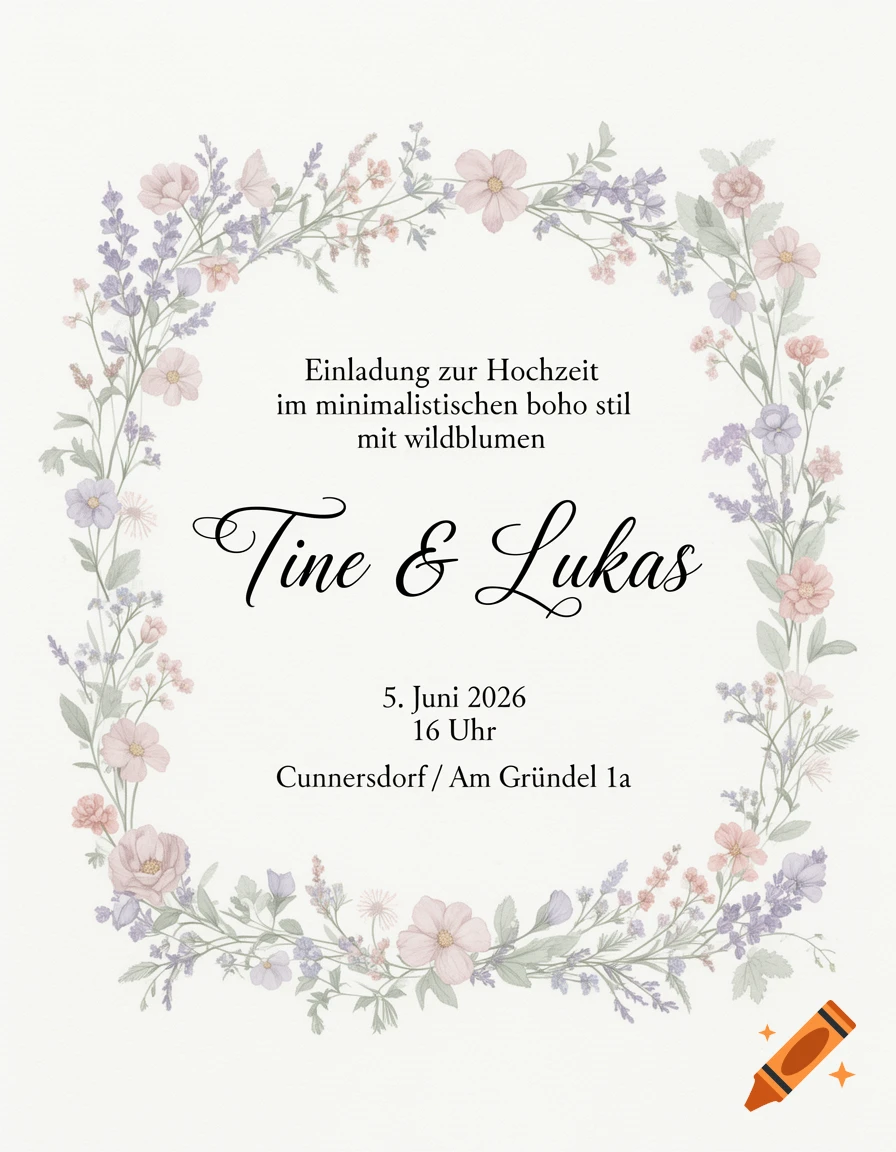 A wedding invitation featuring a watercolor-style floral wreath with names Tine & Lukas, date, time, and location in a minimalist boho style.