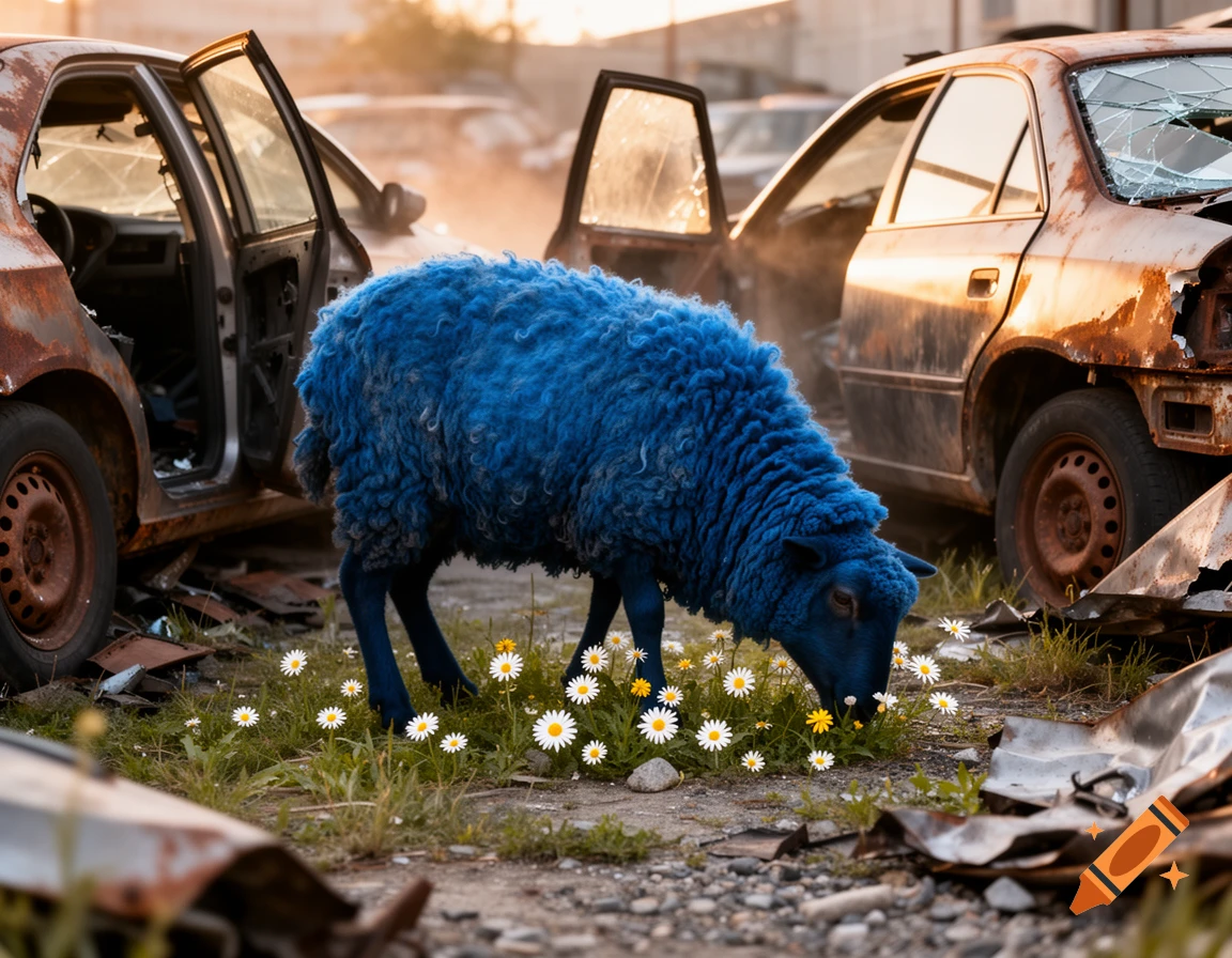 A blue sheep with dense, curly wool grazes white and yellow daisies in a junkyard filled with rusted car carcasses. Sunlight streams from the background.