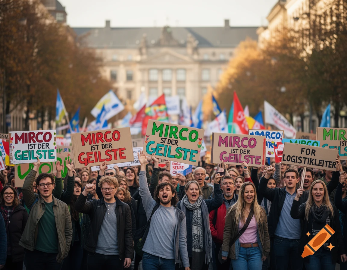A large crowd of people demonstrate on an urban street, holding signs that say "Mirco ist der Geilste" and "Mirco for Logistikleiter".