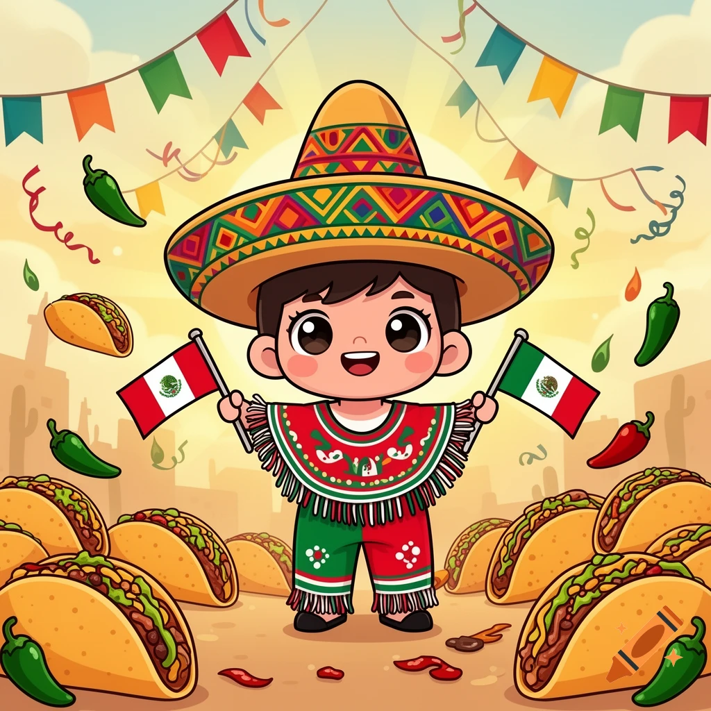 A cute cartoon child in a sombrero and traditional Mexican outfit holds two Mexican flags, surrounded by tacos and chili peppers.