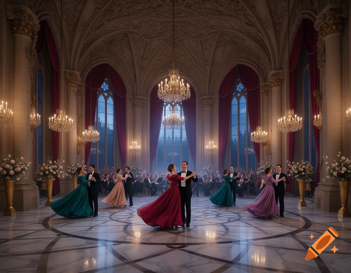 Couples dance a waltz in an elegant, ornate castle ballroom with chandeliers and large windows at twilight.
