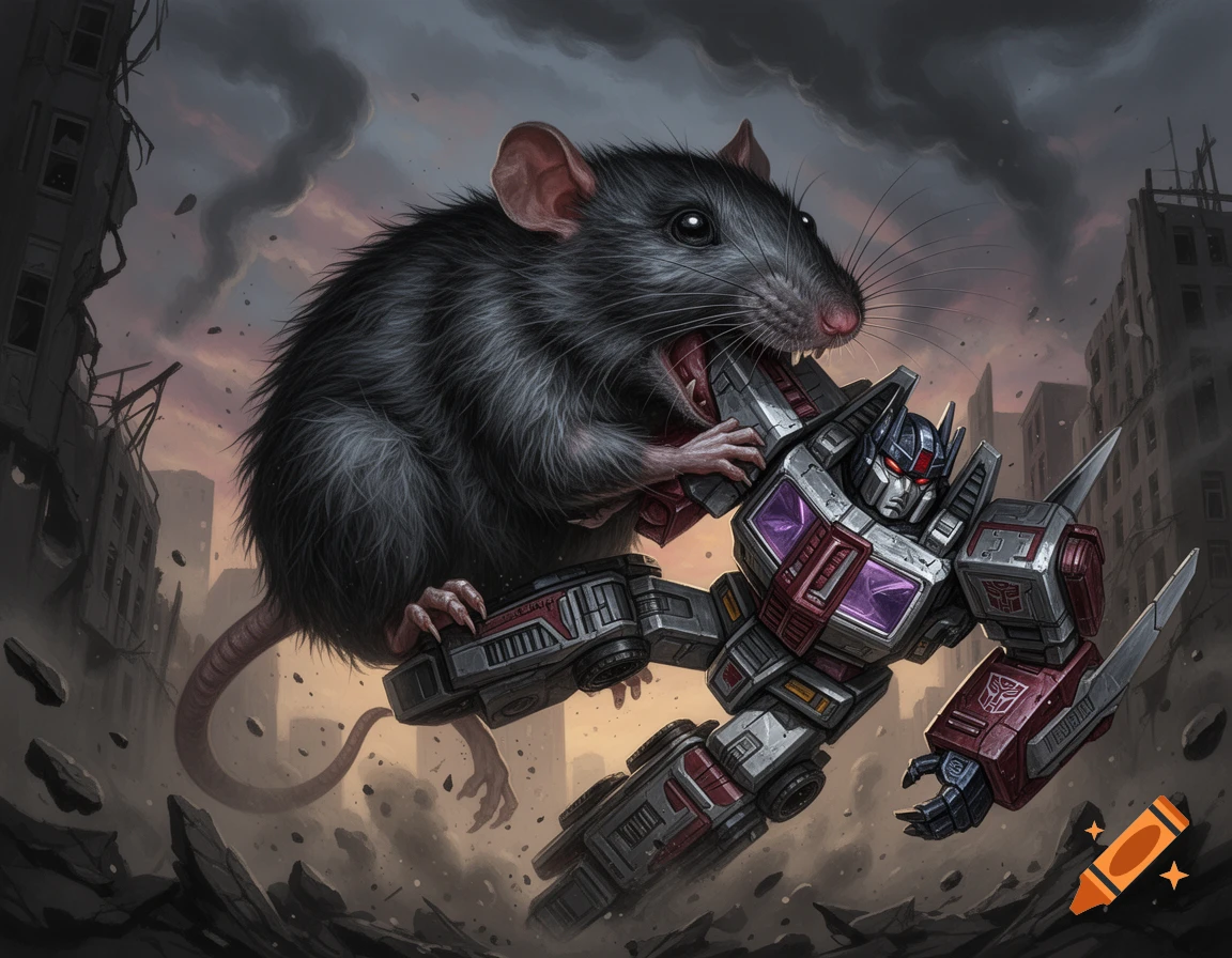 Giant rat attacks the robot Starscream in a crumbling cityscape under a dark, smoky sky, dramatic digital art.