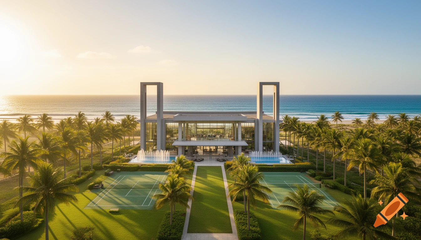Aerial view of a modern beachfront resort with a grand hotel, tennis courts, fountains, and palm trees under a sunny sky.