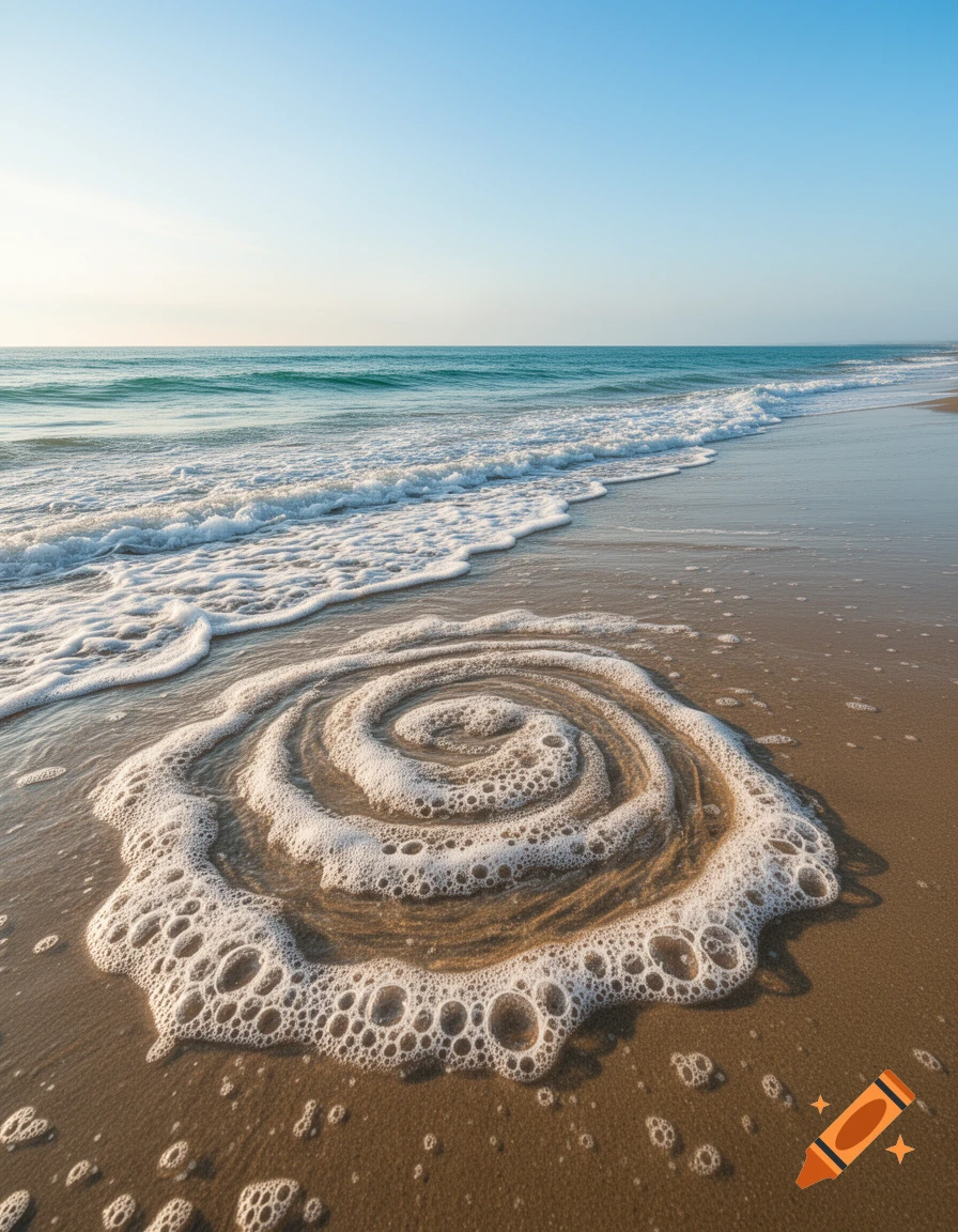 Ocean waves break on a sandy beach, leaving a distinctive spiral pattern of white foam at the water's edge under a clear sky.