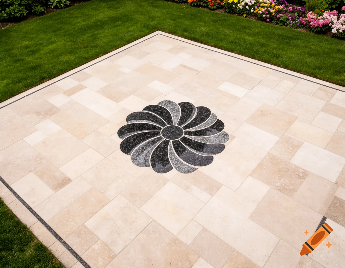 Aerial view of a paved patio with light shell limestone tiles and a black and grey granite flower design, bordered by green grass and colorful flowers.