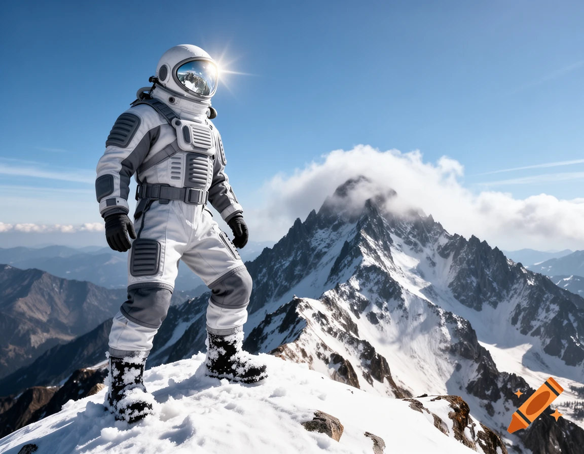 A person in a white and gray astronaut suit stands on a snowy mountain peak under a bright blue sky with sun glare.