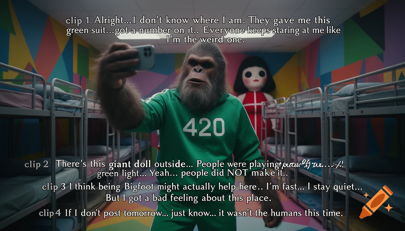 A Bigfoot-like creature in a green Squid Game tracksuit with '420' on it takes a selfie in a colorful bunk room, with a giant doll in the background. Subtitles overlay the image.
