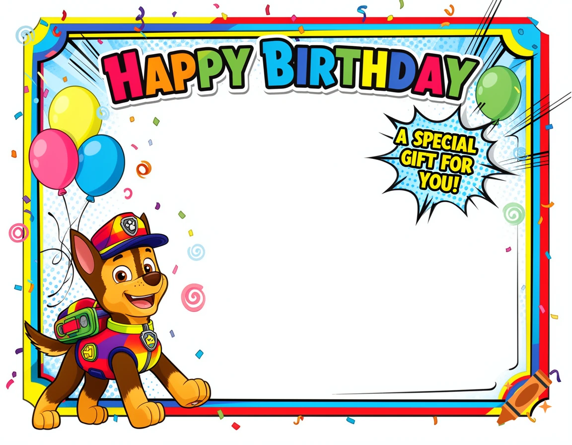 Colorful comic-style birthday frame with a Paw Patrol-like dog, balloons, confetti, and 'HAPPY BIRTHDAY' text.