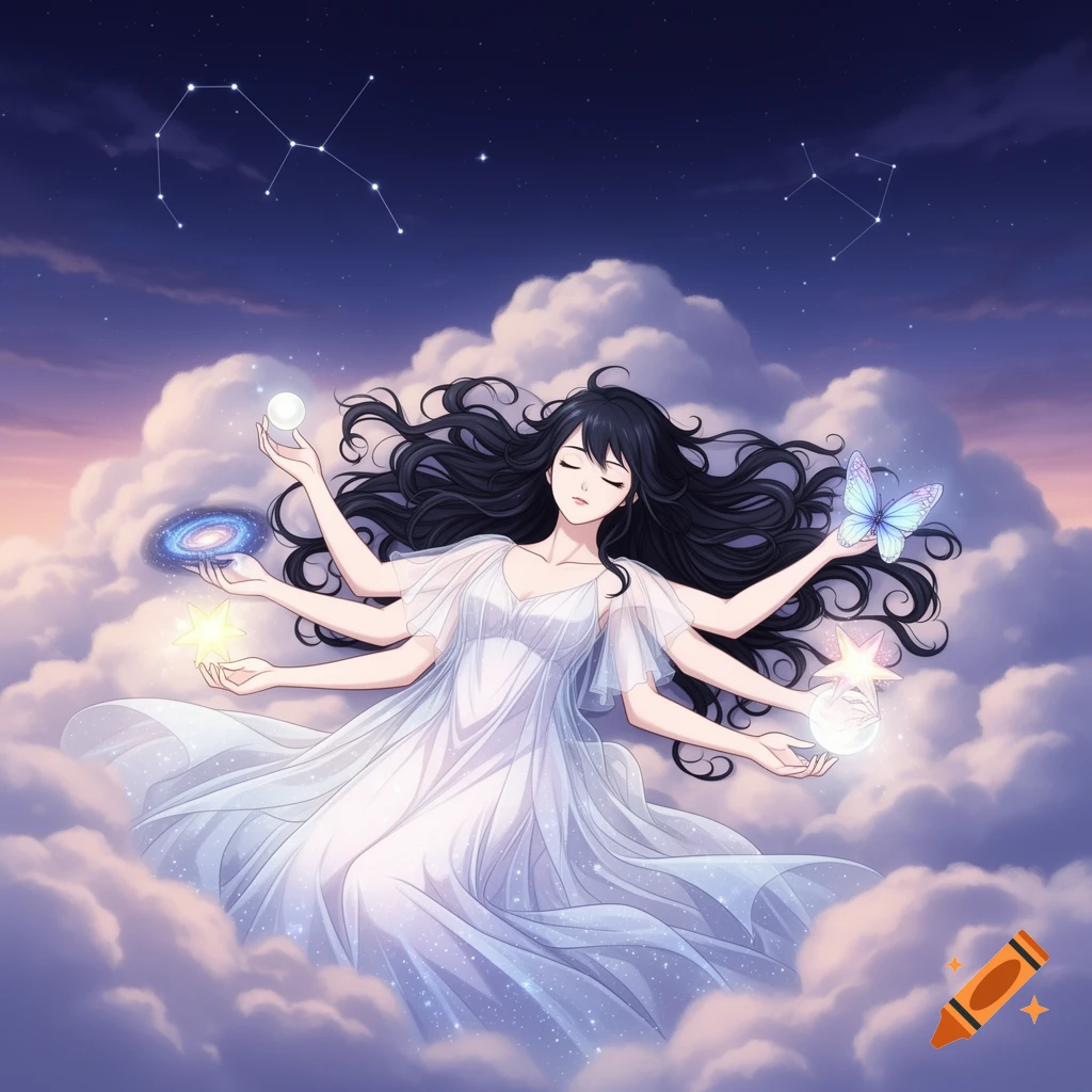 Anime woman with multiple arms floating among clouds in a starry night sky, holding celestial objects and a butterfly.