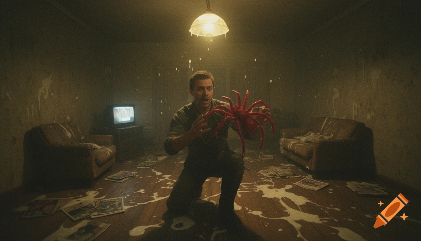 Scared man holding a large red rubber spider in a dimly lit, goo-covered apartment, resembling low-quality trail cam footage.