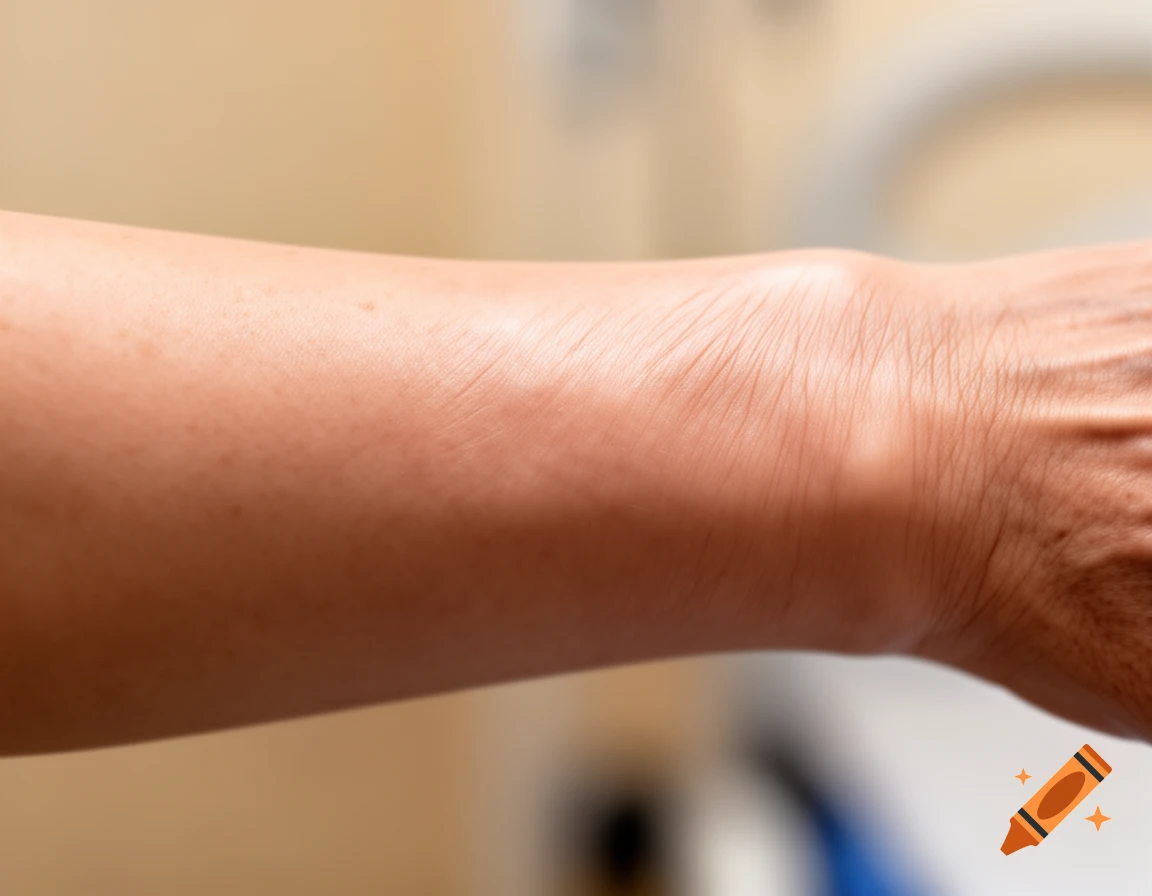 Close-up of a human forearm and wrist, showing skin texture and wrinkles around the joint.