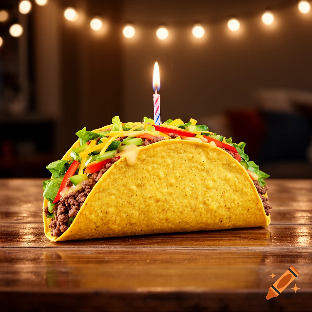 A photorealistic close-up of a taco with a lit birthday candle, filled with meat, cheese, and vegetables, on a wooden table.