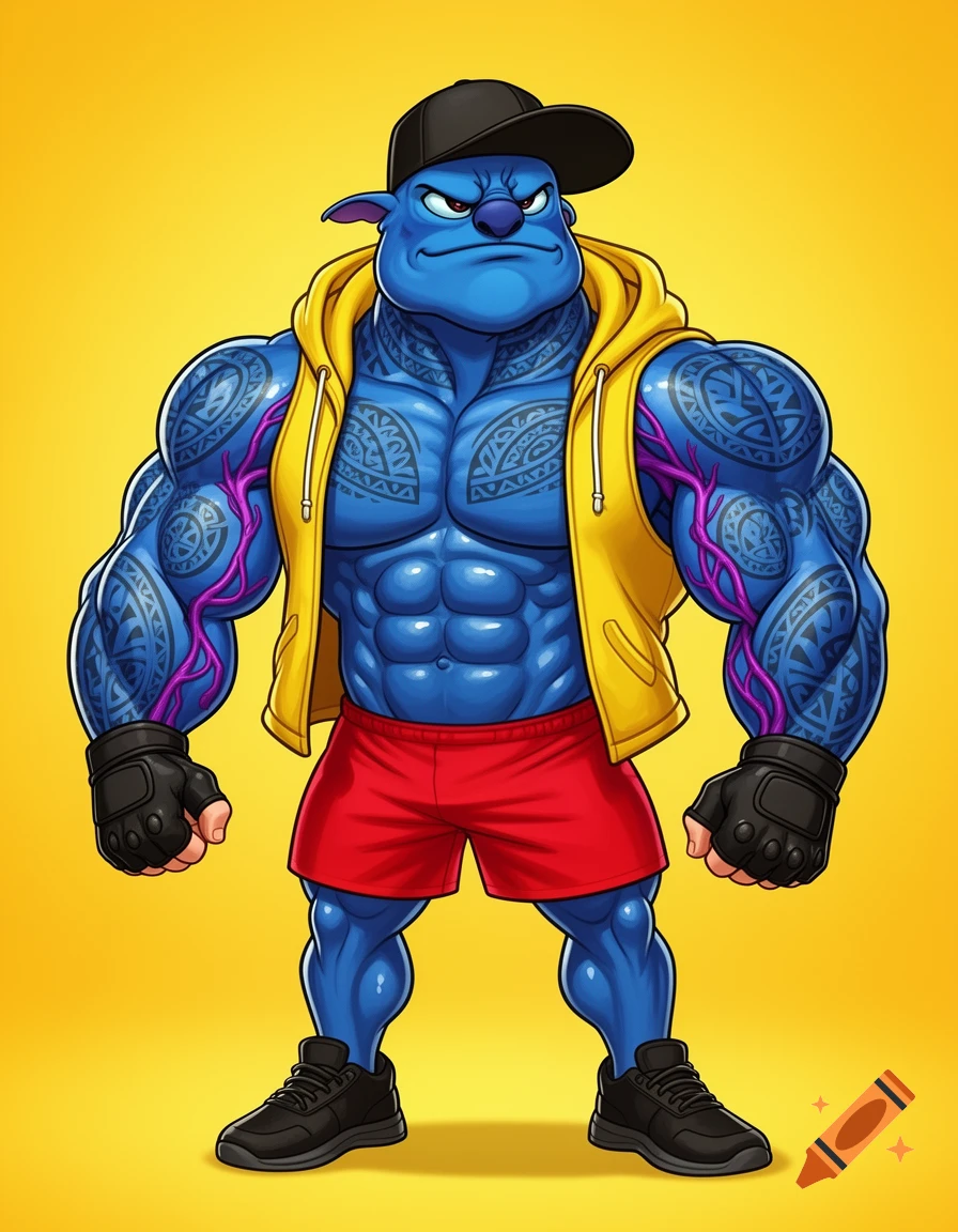 A muscular, blue cartoon character resembling Stitch with Polynesian tattoos, wearing a yellow hoodie, red shorts, and a black baseball cap, posing against a yellow background.
