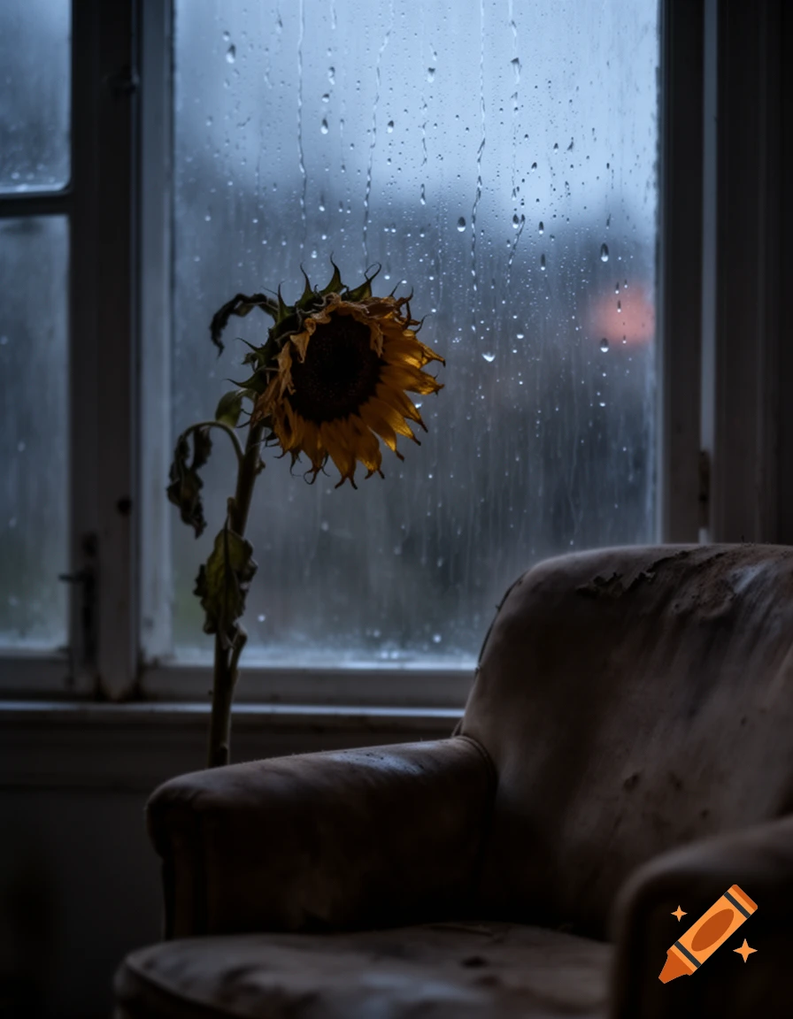 A wilting sunflower in a vase sits by a rainy window, next to a worn armchair in a dim room.