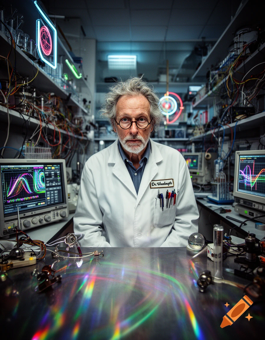 A photorealistic portrait of an older, disheveled male scientist in a lab coat, surrounded by glowing neon lab equipment.