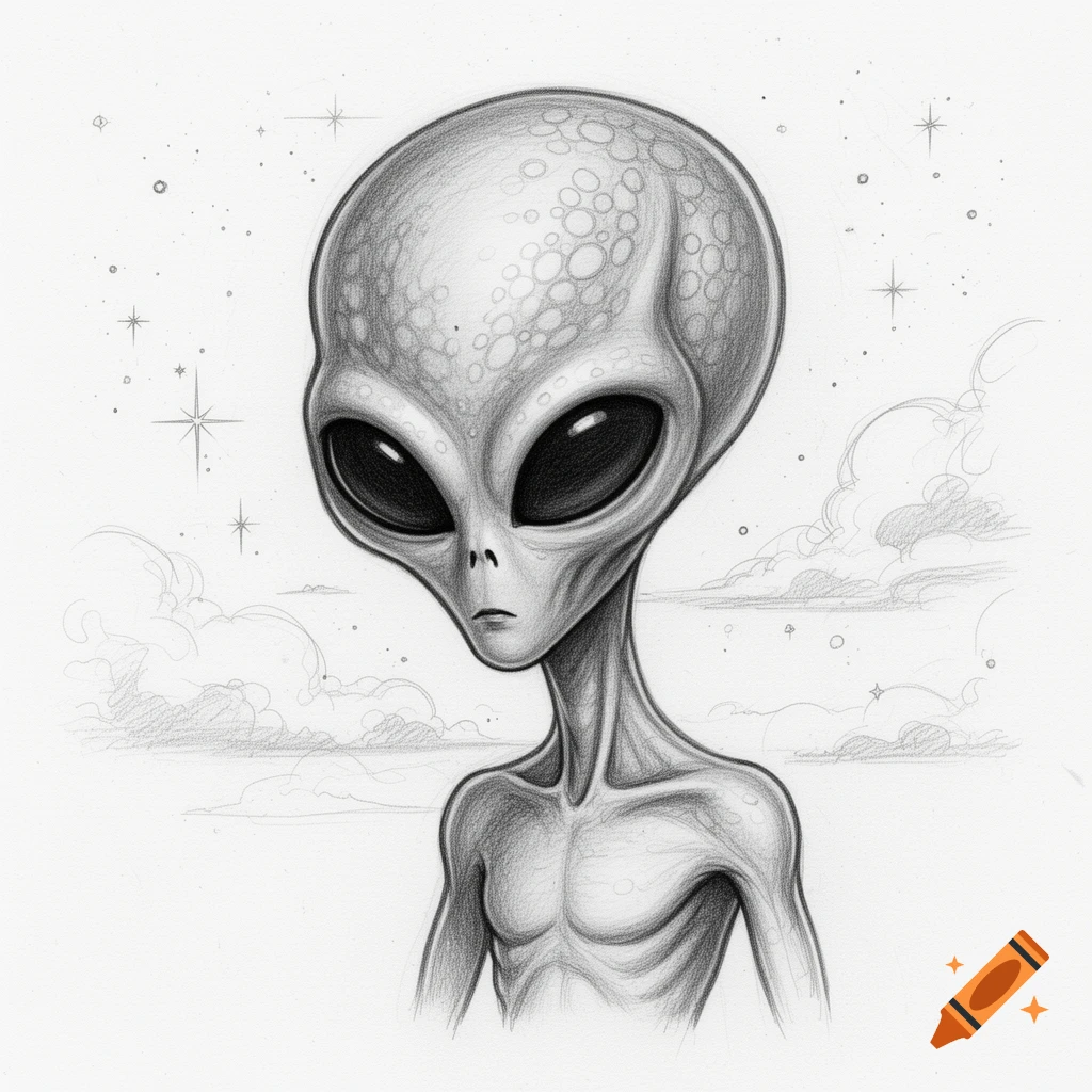 Pencil sketch of a grey alien with large dark eyes and a slender body, against a background of clouds and stars.