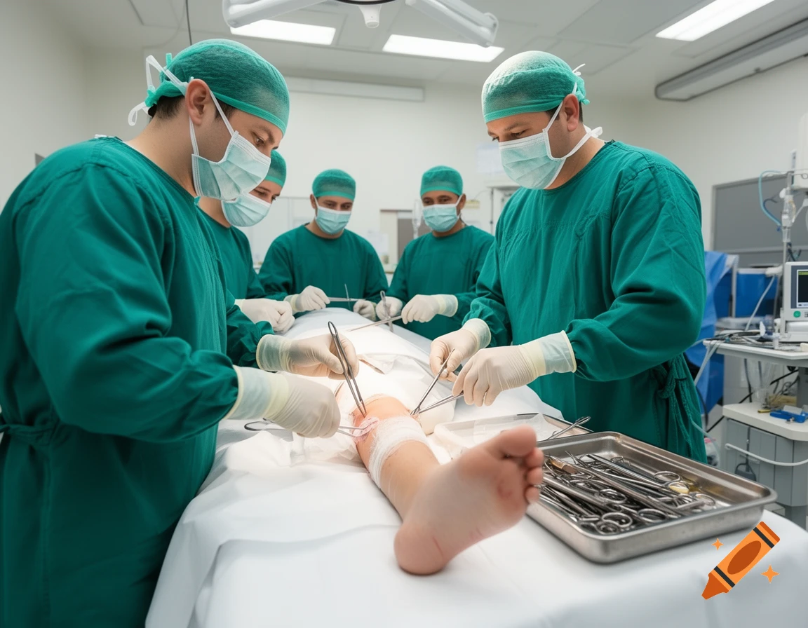 Four surgeons in green scrubs and masks operating on a patient's leg in a brightly lit operating room, with medical tools in a tray.
