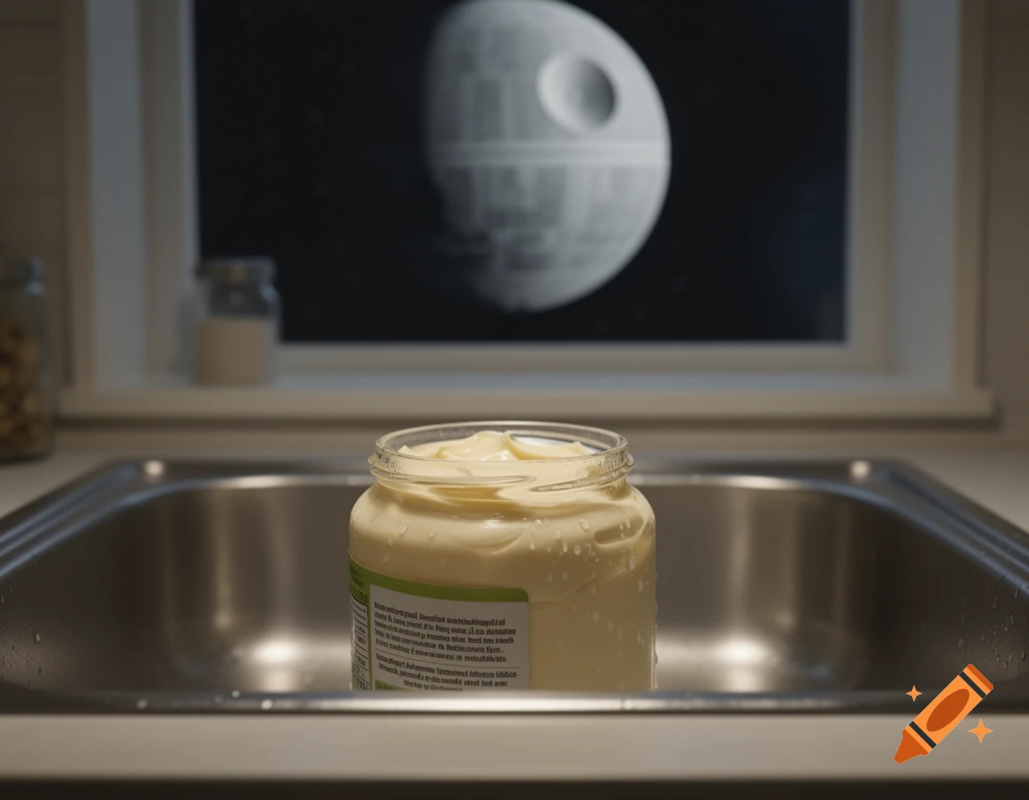 A photorealistic image of a jar of mayonnaise sitting in a stainless steel kitchen sink, with the Death Star from Star Wars visible through a window in the background.