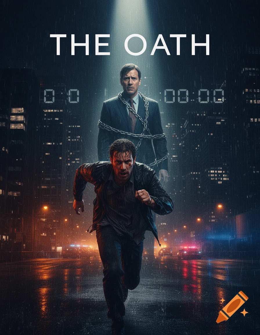 Dramatic movie poster with a man running in the foreground in rain, and another man in chains standing behind him, under a spotlight, in a dark, rainy city with police lights in the distance. The title "THE OATH" is at the top.