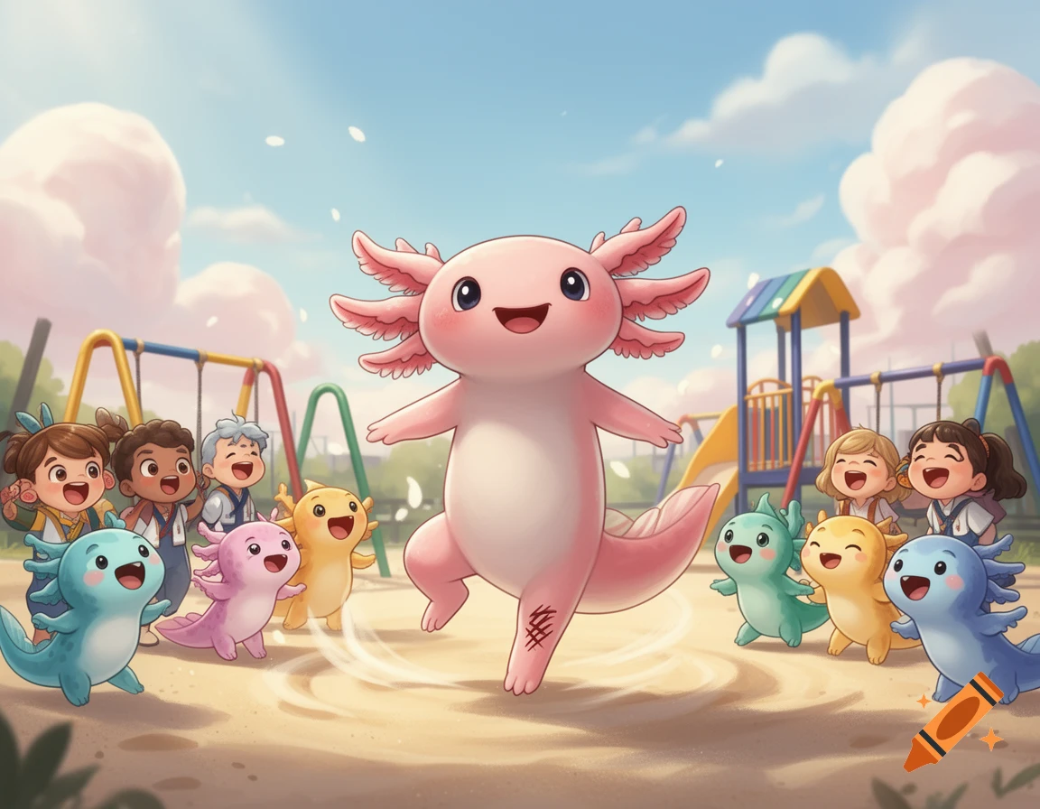 A cute pink axolotl with a scratch on its leg does a cartwheel, surrounded by cheering children and smaller axolotl friends on a playground.