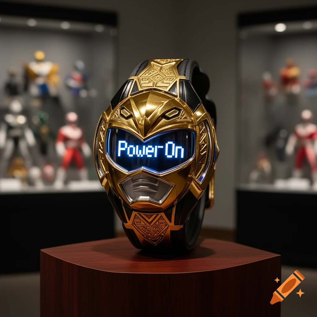 A golden and black Power Ranger wrist morpher displays 'Power On' on its blue screen, with blurred action figures in the background.