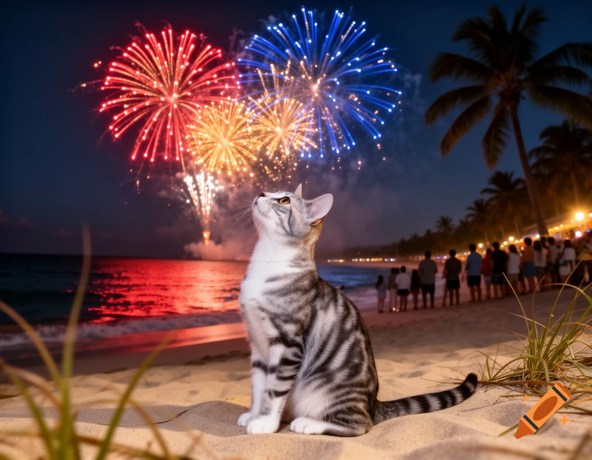 A tabby cat sits on a sandy beach looking up at colorful fireworks exploding over the ocean at night, with palm trees and people in the background.