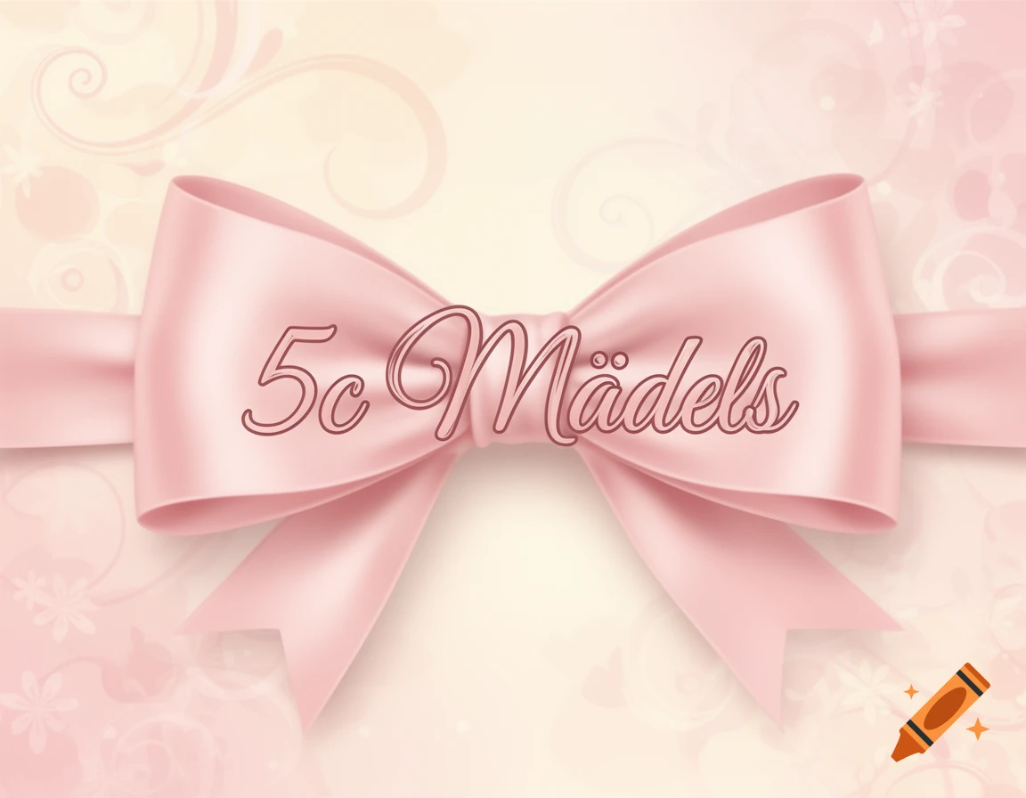A light pink satin bow with the text "5c Mädels" in a flowing script, set against a soft, subtly patterned pink background.