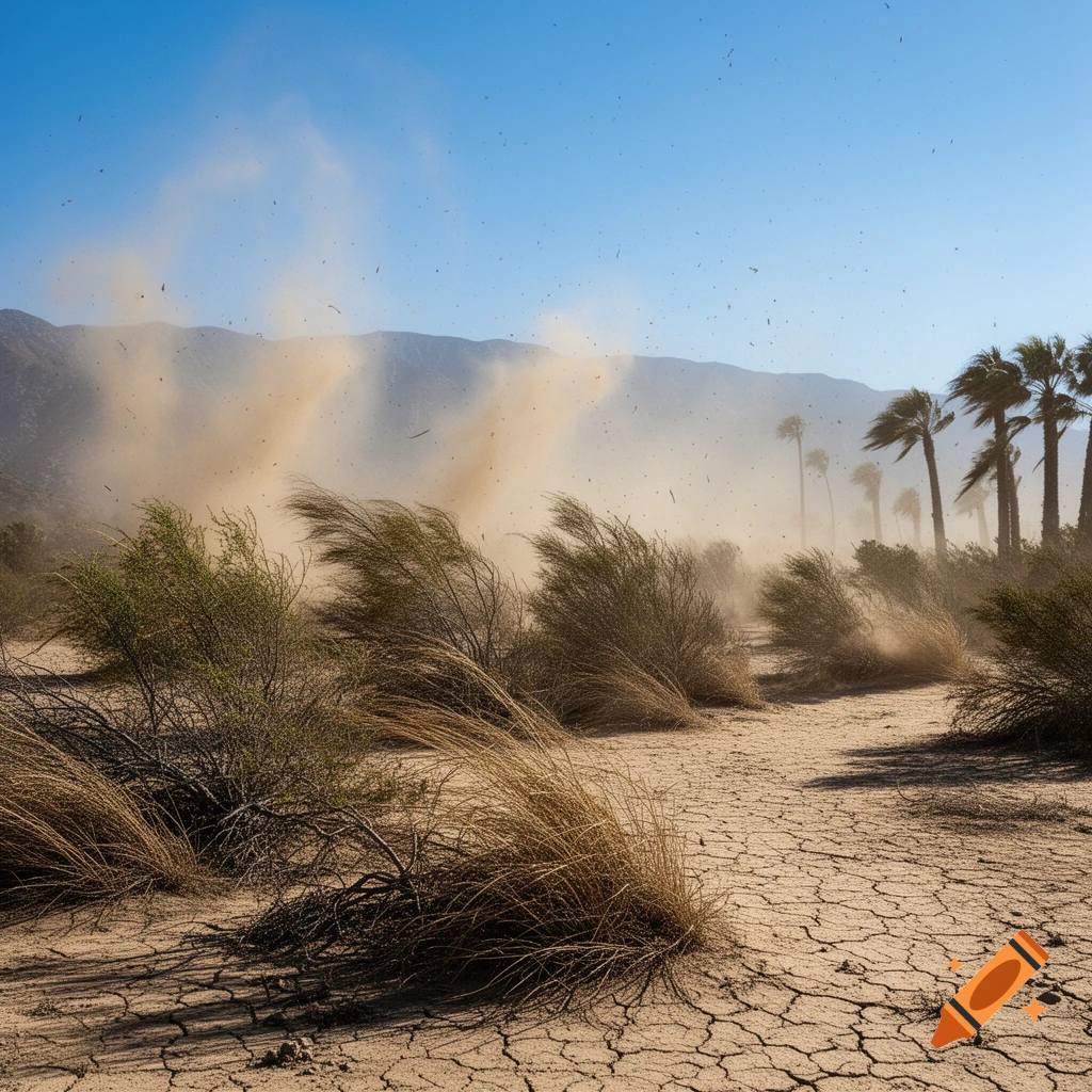A photorealistic desert landscape during a dust storm. Strong winds blow dust across dry, cracked earth with sparse vegetation bending. Palm trees are hazy in the background under a blue sky.
