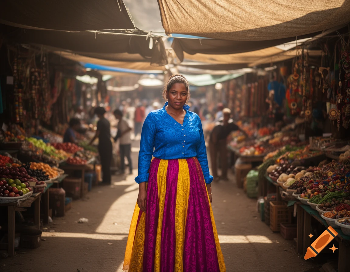 Woman in a blue top and vibrant yellow-magenta skirt stands in a bustling open-air market.
