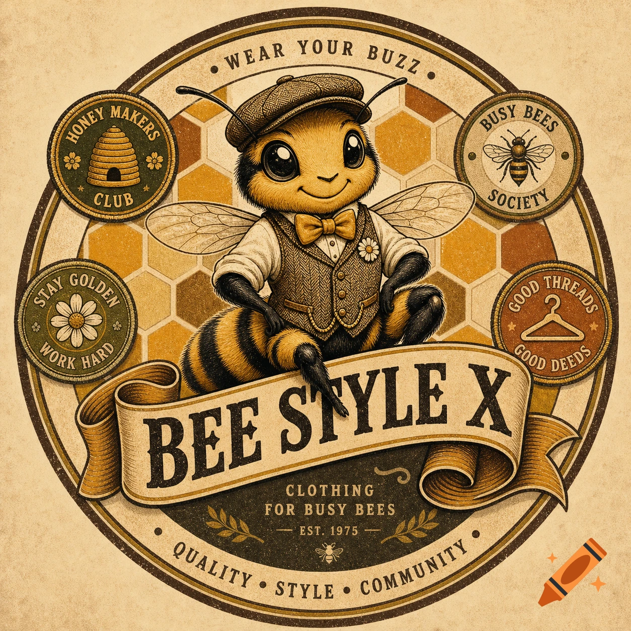 A retro-style logo features a cartoon bee in a tweed suit and cap, surrounded by text and honeycomb patterns.
