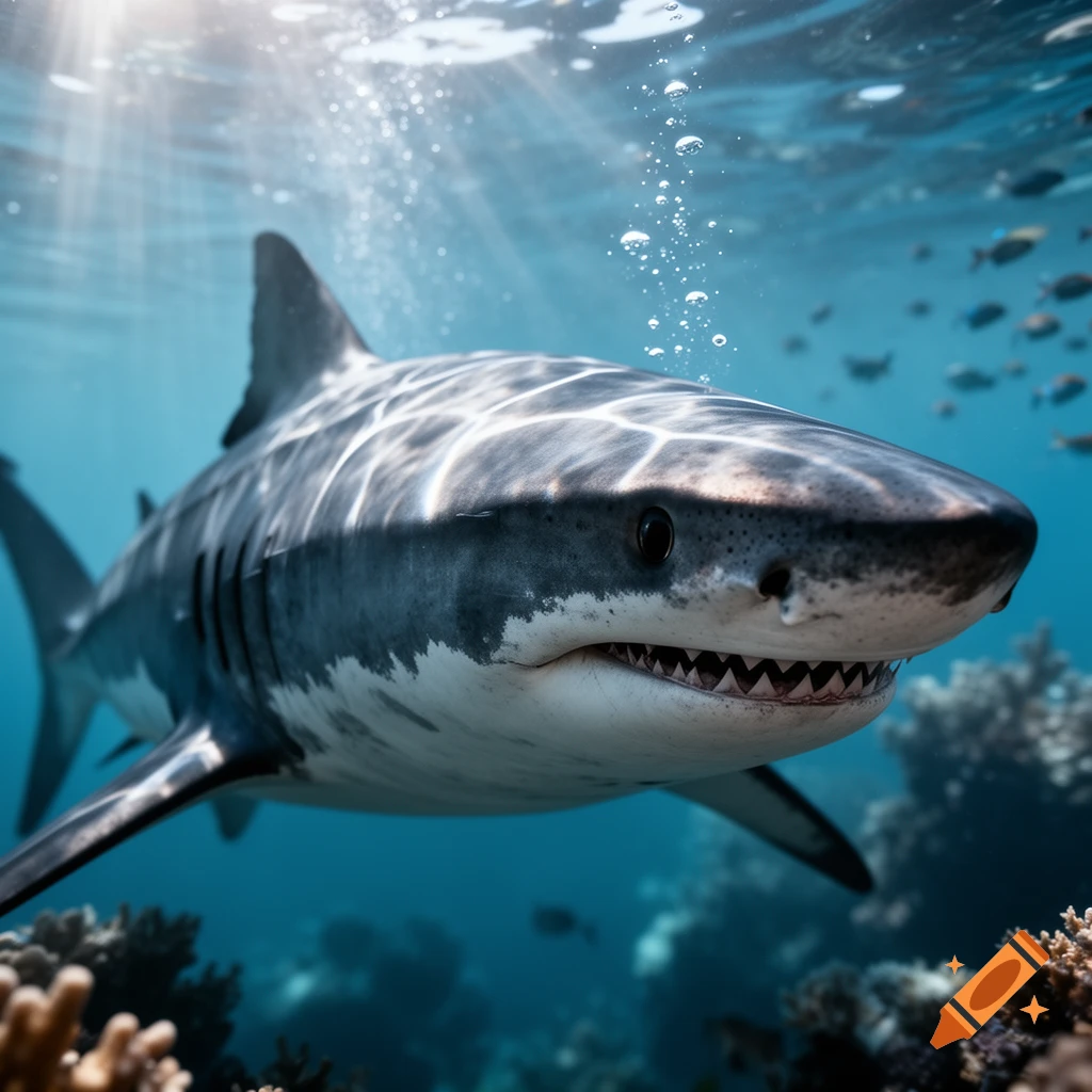 A photorealistic great white shark swims underwater, sunlight streaming through the surface, with coral and smaller fish visible in the background.