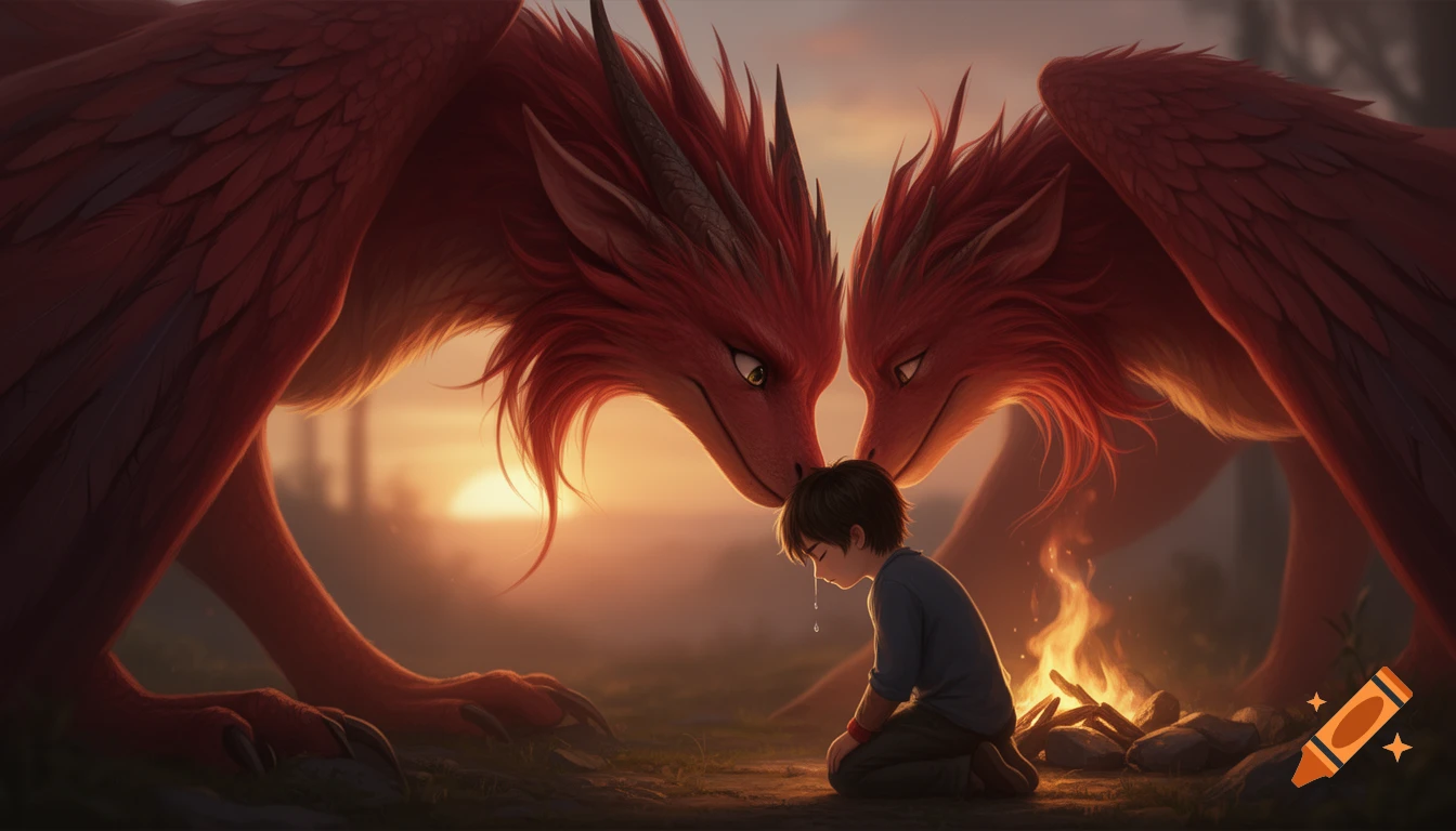 Two large red dragons gently nuzzle a kneeling, crying boy by a campfire at sunset, rendered in a painterly fantasy style.