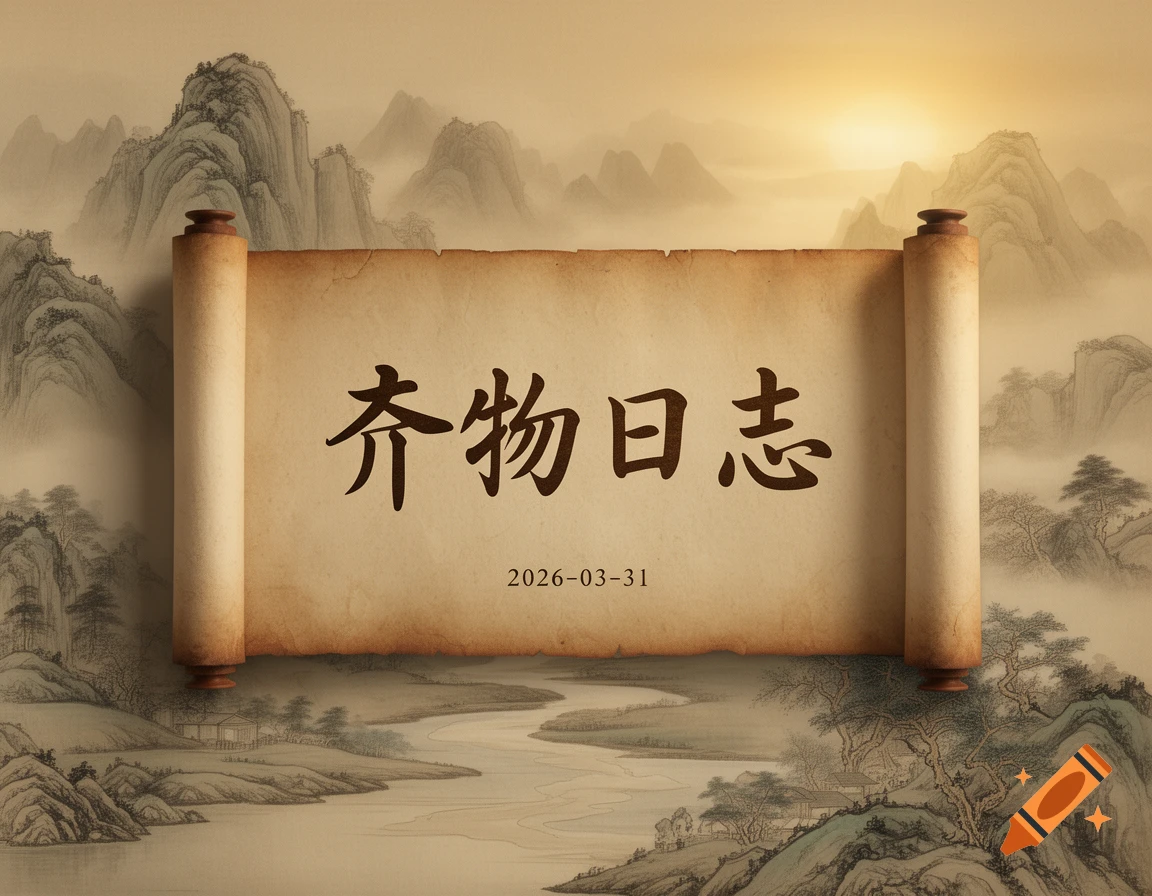 Ancient Chinese scroll with '齐物日志' and '2026-03-31' text on a traditional ink wash landscape of misty mountains and a river.