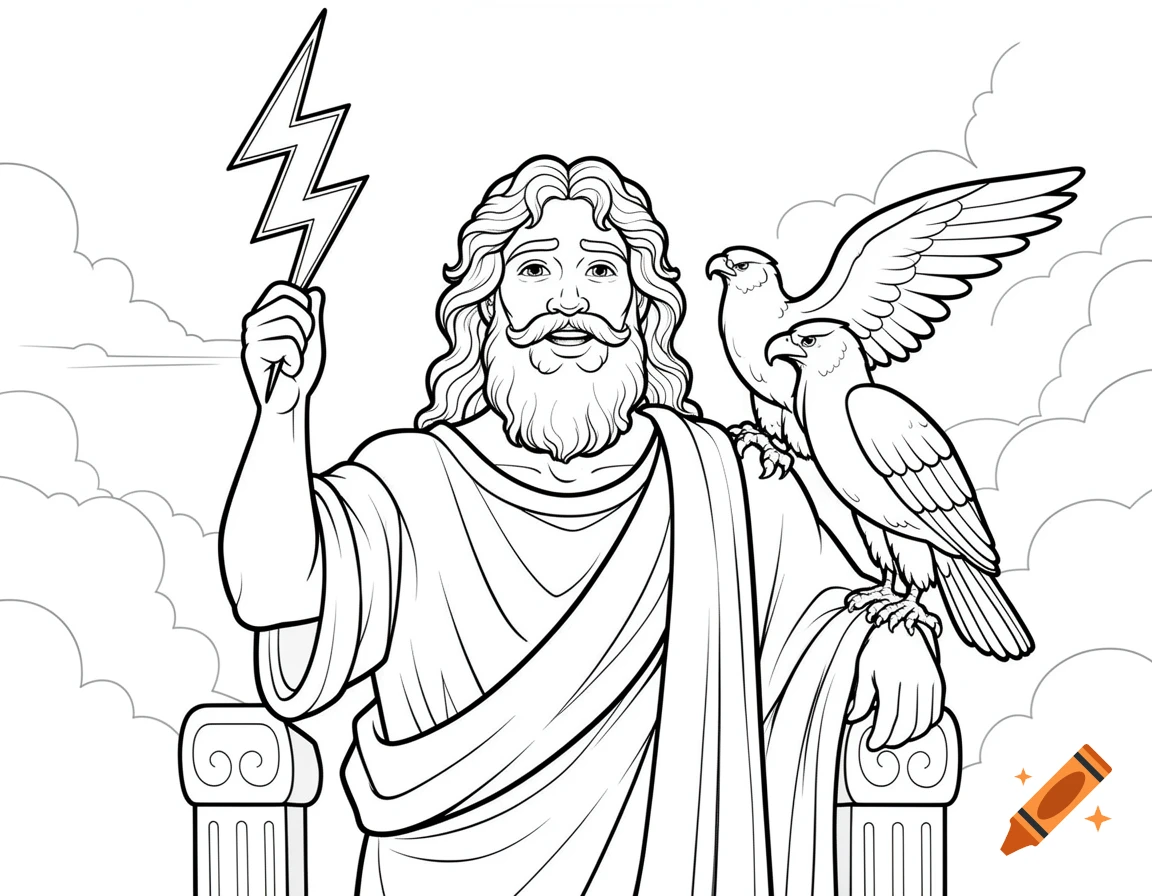 Black and white coloring page of Zeus holding a lightning bolt, with two eagles and clouds.